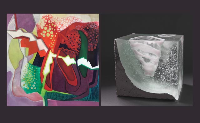 Brigitte Vogt (Oel-Papierarbeiten) und Priska Jacobs (Glaskunst) stellen in der Galerie artune in Frick aus. Fotos: zVg