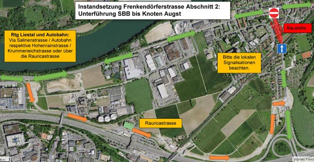 Instandsetzung Frenkendörferstrasse in Pratteln und Erstellung provisorischer Bushof in Augst. Foto: zVg