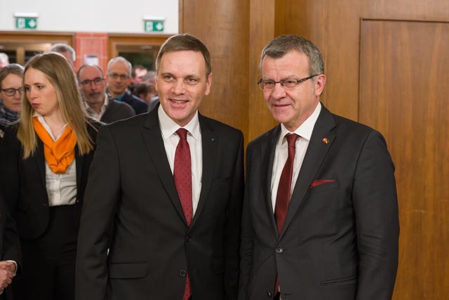 Franco Mazzi (rechts) begrüsste Landammann Jean-Pierre Gallati als Ehrengast in Rheinfelden Foto: Henri Leuzinger
