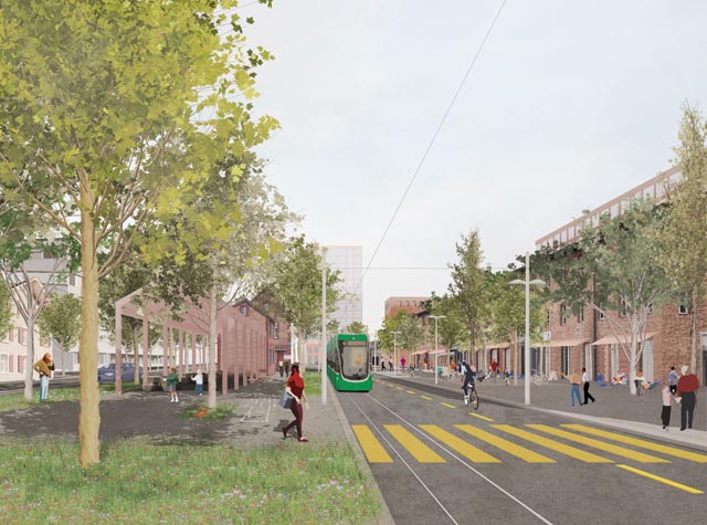 Tram, Platz für flüssigen Verkehr und viel Grünraum: So präsentiert sich die zukünftige Binningerstrasse. Foto: pool Architekten