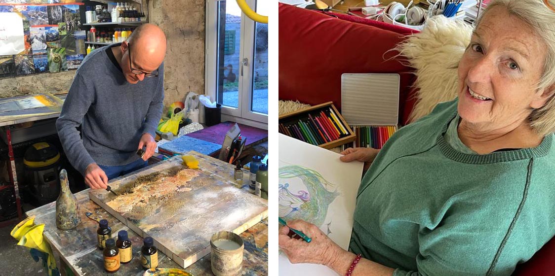Die beiden Kunstschaffenden: André Götz in seinem Atelier (links) und Beatrice Fischer bei der Arbeit (rechts): Fotos: zVg