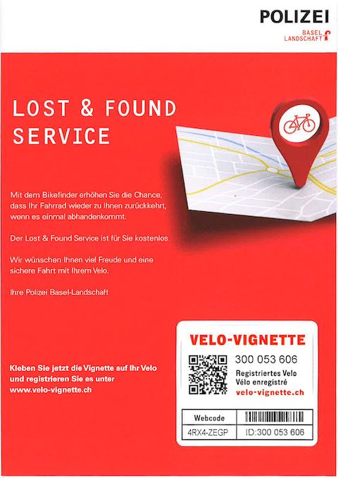 Polizei Basel-Landschaft lanciert Velo-Vignette als Massnahme gegen Fahrraddiebstahl 
