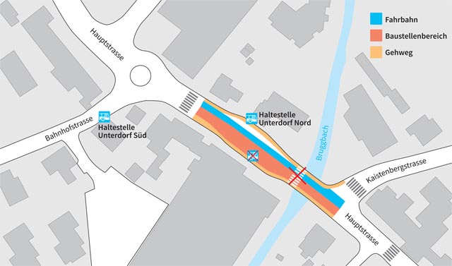 Plan der Baustelle an der Hauptstrasse in Frick. Skizze: iwb