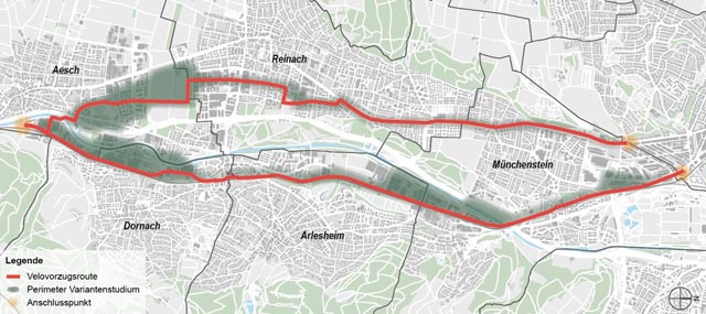 Karte der beiden Velovorzugsrouten in der Birsstadt. Foto: Lajo AG