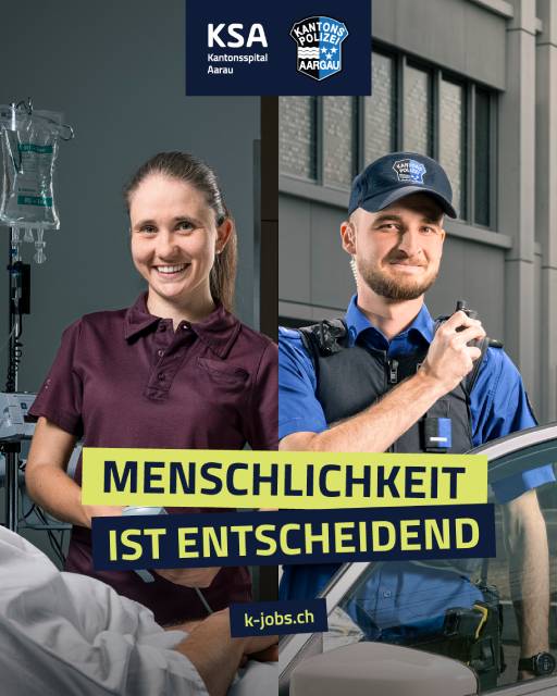 Das Kantonsspital Aarau (KSA) und die Kantonspolizei Aargau lancieren eine gemeinsame Kampagne für Berufe mit Sinn.